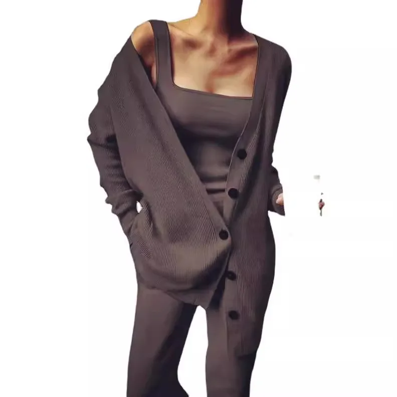 秋冬ニット女性用アウターセットベストパンツティーピーススーツエレスリムフィットコットンティエンエド中国製