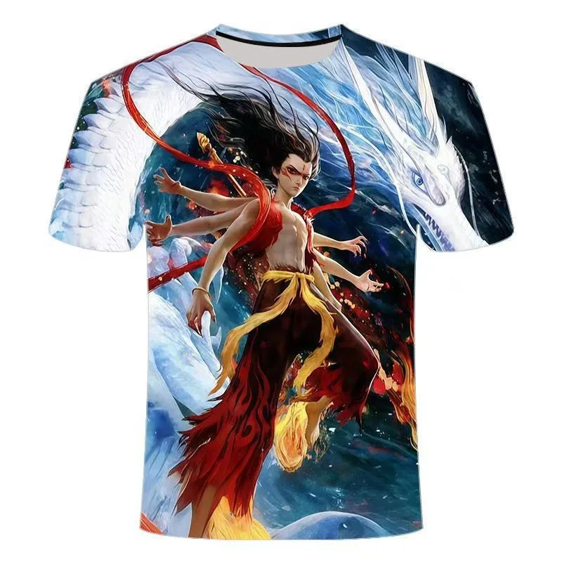 2025 Nezha Demon Children's Sea making T-shirt Summer 3D Printing Trend Youth Round Neck Short Sleeve Hot Movie Short Sleeve Men
