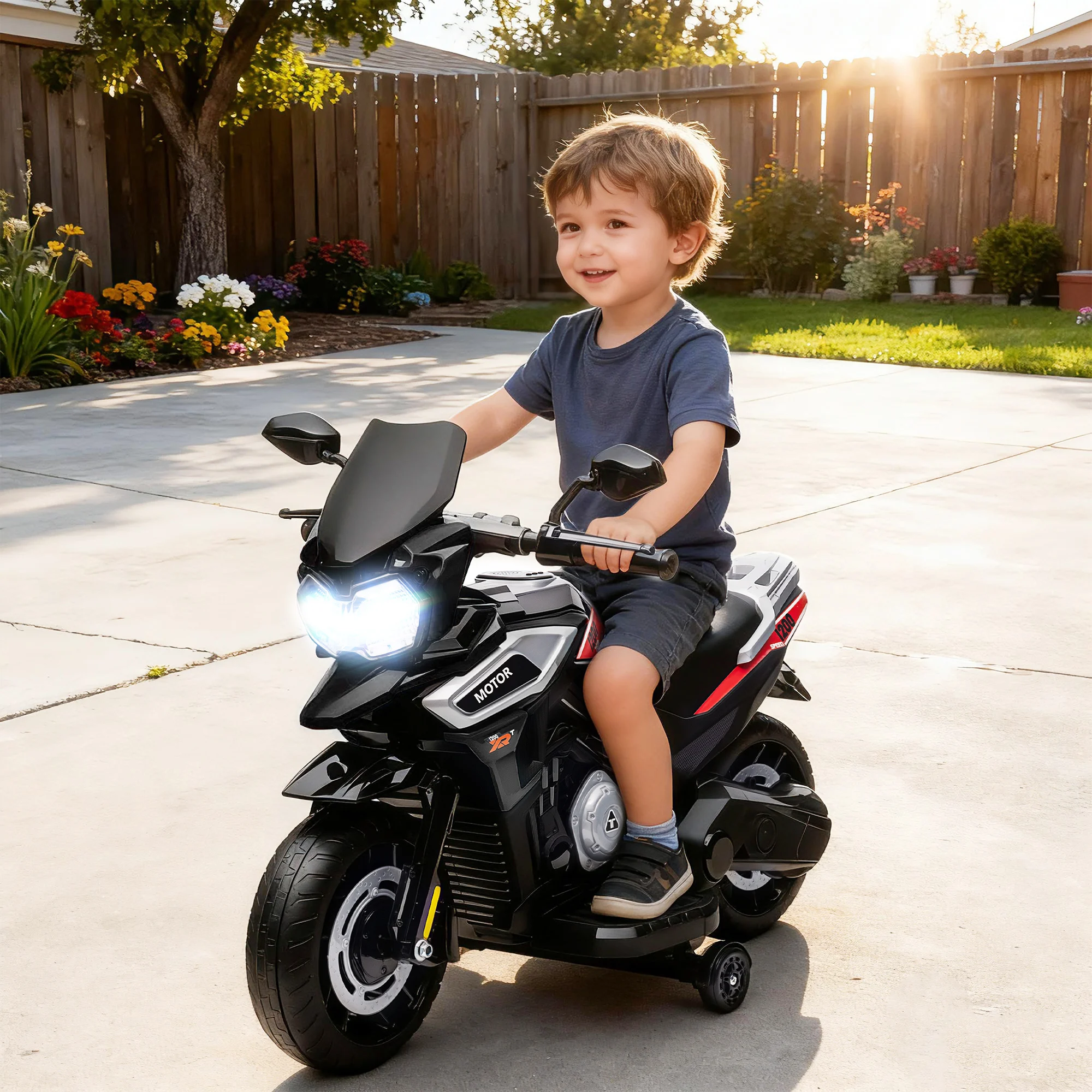 Moto eléctrica para niños de 18 a 36 meses, bicicleta para montar, eje auxiliar, luz, música, plástico, acero, negro