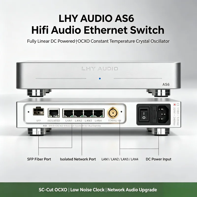 LHY AUDIO AS6 SW6-SFP 6-Port Hifi Audio Ethernet Switch Network Switch DC Powered with SC-Cut OCXO