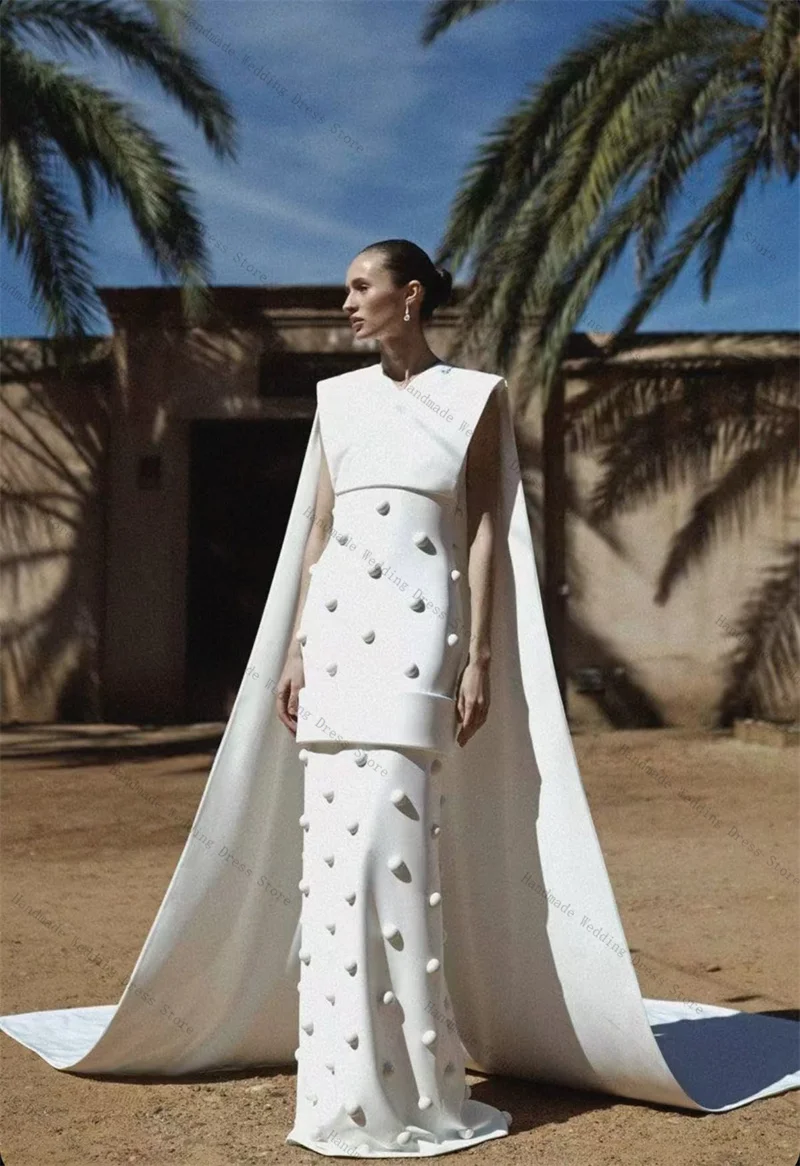 White Sheath Prom Dress Wrap Cape Sexy Sleeveless Elegant Bridal Evening Gown Customized Lace Up Back Church Long Robe