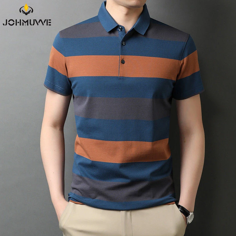 JOHMUVVE Fast Shipping Spring/Summer Striped Men\'s Short Sleeve POLO Shirt Casual Short Sleeve Top Men\'s T-Shirt