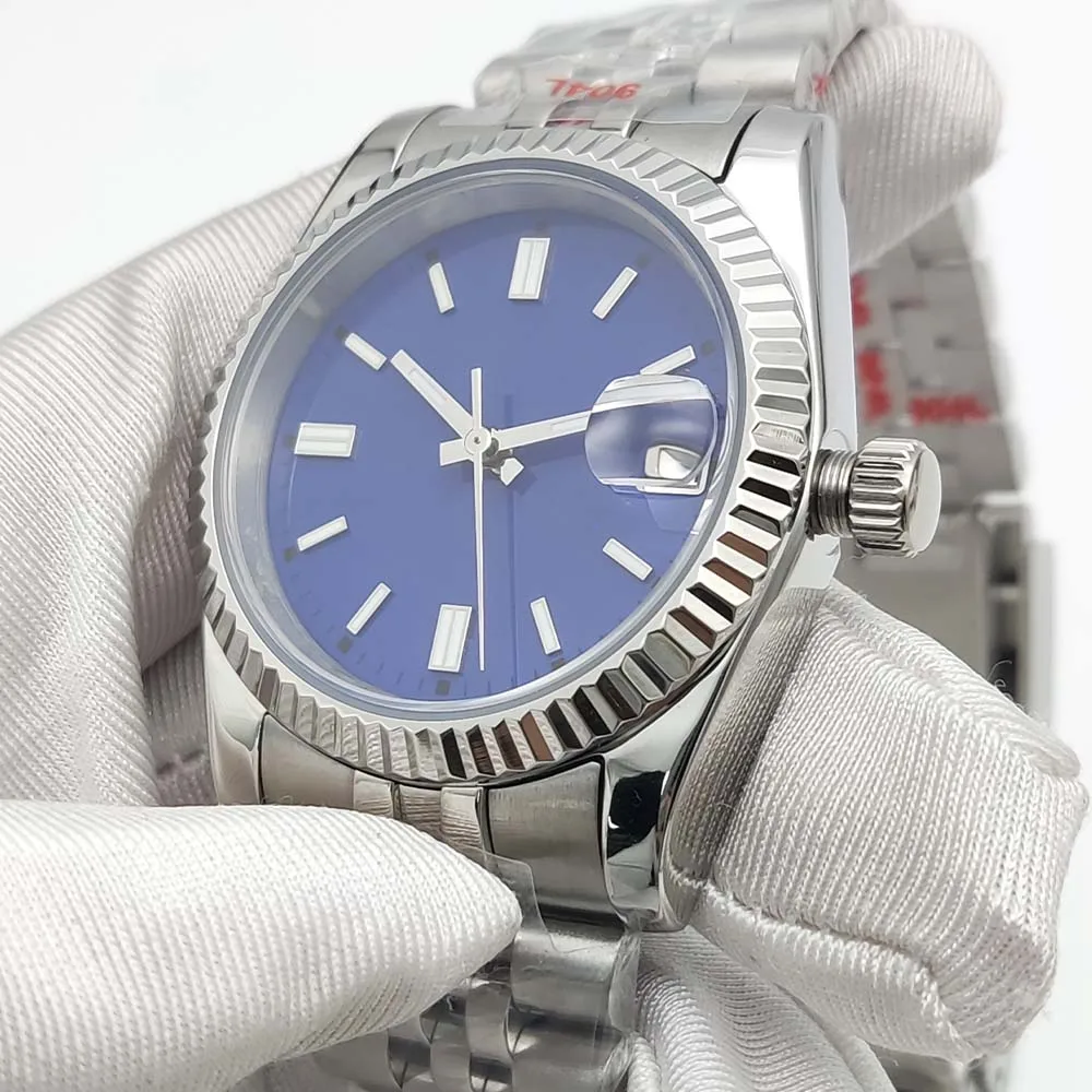 Herren-Automatikuhr NH35, Saphirglas, aseptisches Zifferblatt, wasserdicht, Edelstahl, mechanische Uhr, grün leuchtend