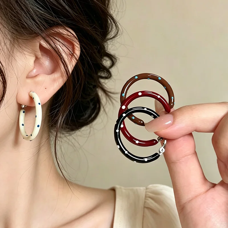 Earrings Retro Polka Dot Large Hoop Colorful Enamel Alloy C Shaped Ear Clip Minimalist French Colorblock Round Women Lightweight