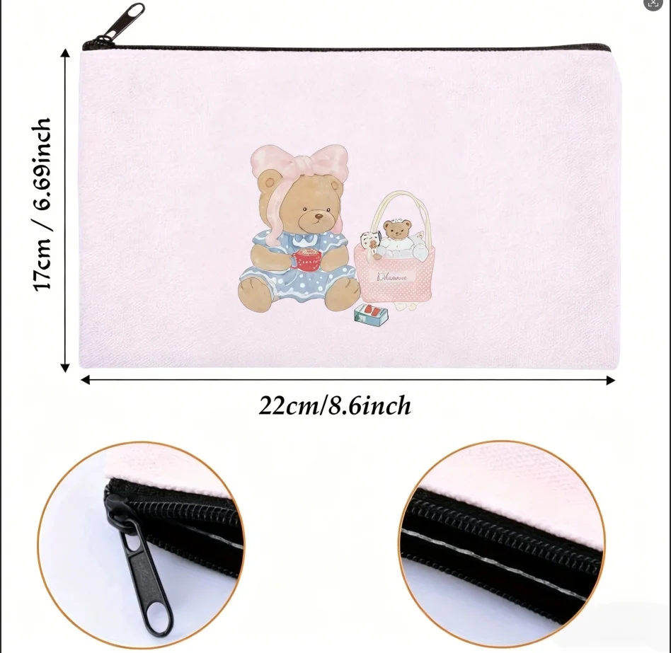 1PC Pink Bow Teddy Bear Picnic Basket Print Canvas Cosmetic Bag Portable Zipper Makeup Storage Pouch Girls Gift