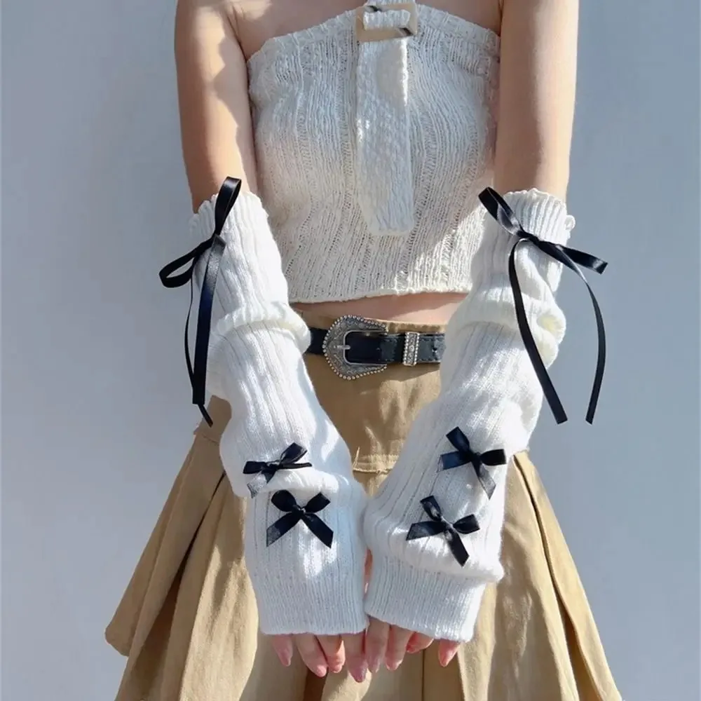 لينة مرنة محبوك القوس أكمام أذرع تبريد Y2K الدافئة نصف اصبع قفازات طويلة الحلو الباليه نمط تدفئة الذراع الفتيات