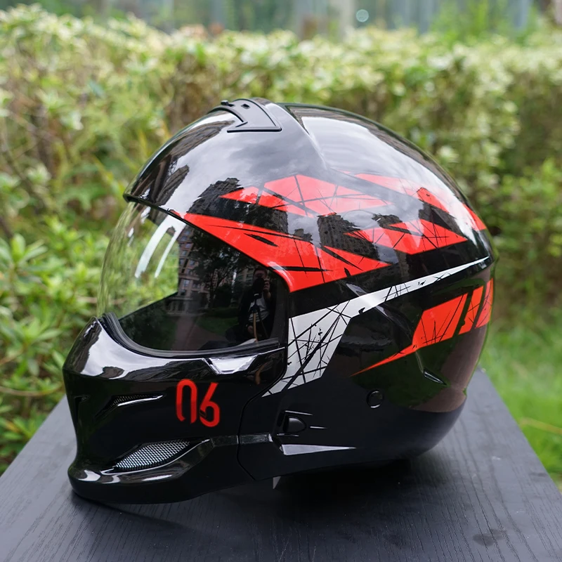 خوذة دراجة نارية على شكل جمجمة مطبوعة بشريط متسابق أحمر أنماط حروف للرجال 3 ألوان عدسات خوذة شتوية للرجال