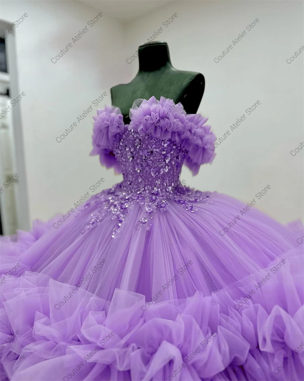 Robe de Quinceanera avec appliques perlées violettes romantiques, robe de Rhavec train froncé en tulle, personnalisée, Mexique, 15, 2025 de réduction