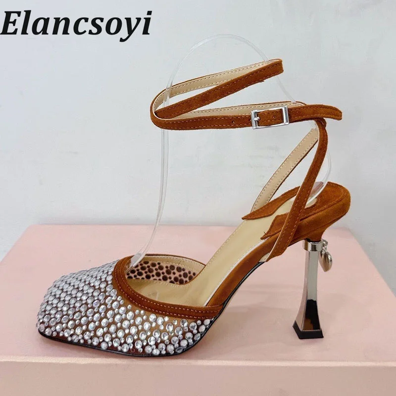 Sandals women's rhinestone high-heeled sandals square toe ankle strap design, fashionable 2026 summer new party dance shoes
