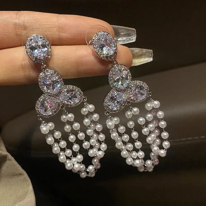 Fashion Luxury Cubic Zirconia Pearl Tassel Dangle Drop Earring for Women Elegant Dubai Bridal Wedding Party Jewelry Gift Brincos