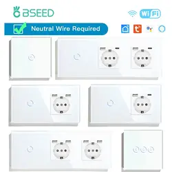 BSEED WIFI Touch Switch Smart Wall Switch 1/2/3Gang 1/2/3Way Smart Life APP Glass with Type-c EU Socket Phone Charge USB Outlets
