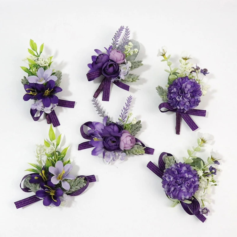 Casamento pulso corsage pulseira branco roxo masculino pulso corsage casamento boutonnieres noiva noivo cerimônia flor festa decoração