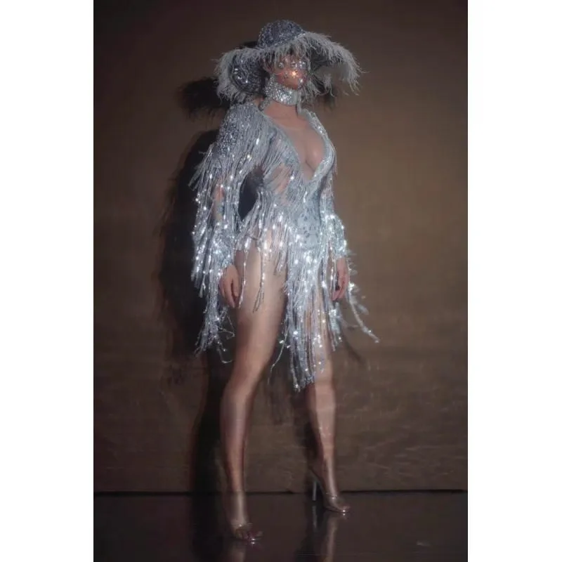 Women Deep V Neck Rhinestone Fringe Jumpsuit Shiny Sequin Bodycon One Piece Outfit for Nightclub DJ Gogo Dancer Stage