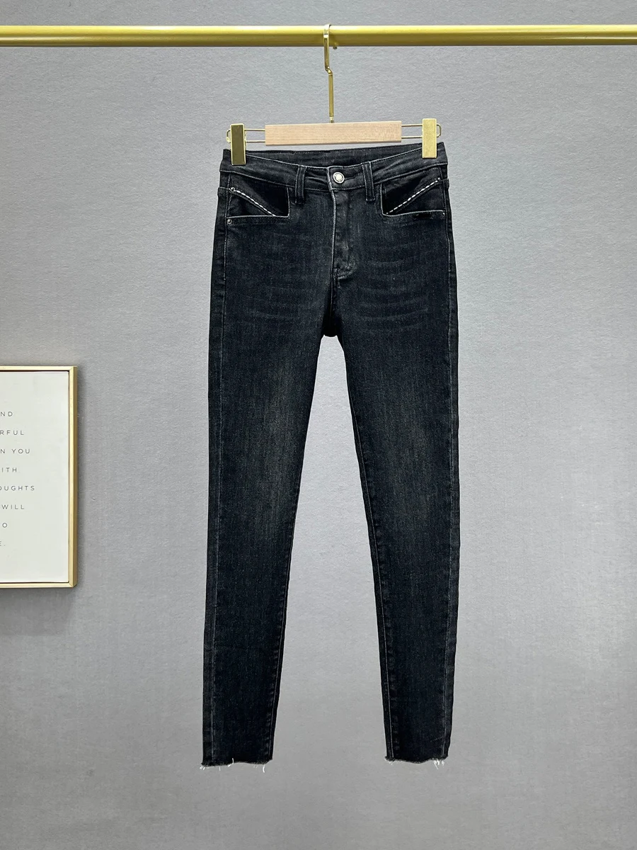 

Slim Fit mid Waist Denim Capri Pants Women's Elastic Autumn New Sle 2024 l Waist Cotton Stretch Denim Pencil Pants