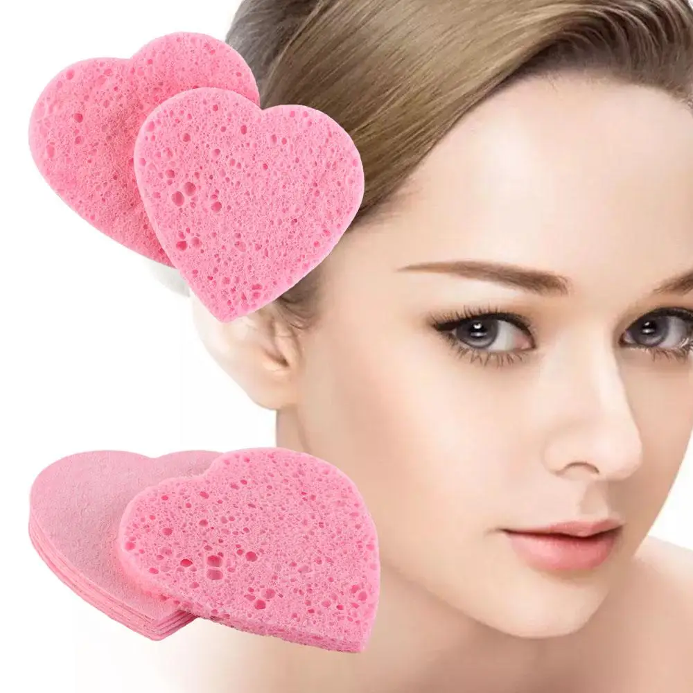 10 Pieces Pink Cosmetic Puff Heart Shaped Natural Makeup Remover Tool 7mm Face Washing Cleansing Sponge Compressed Sponge Women