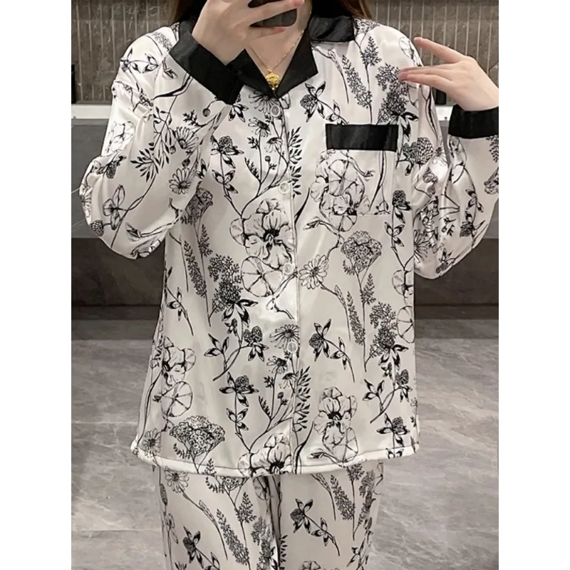 Chinese Classic Ink Painting Flower Print Women's Pajamas Elegant Art Aesthetics Lounges Autumn Spring Simulated Silk Homewear