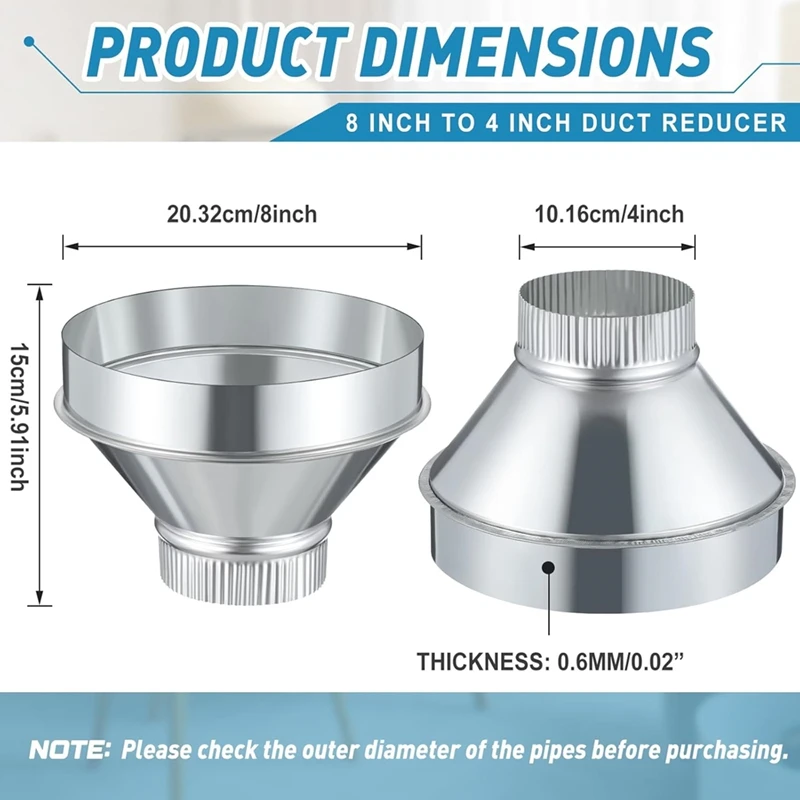8 Inch to 4 Inch Duct Reducer Increaser Galvanized Steel Air Duct Adapter Round Crimped Pipe Connector Fitting Coupling-A56M