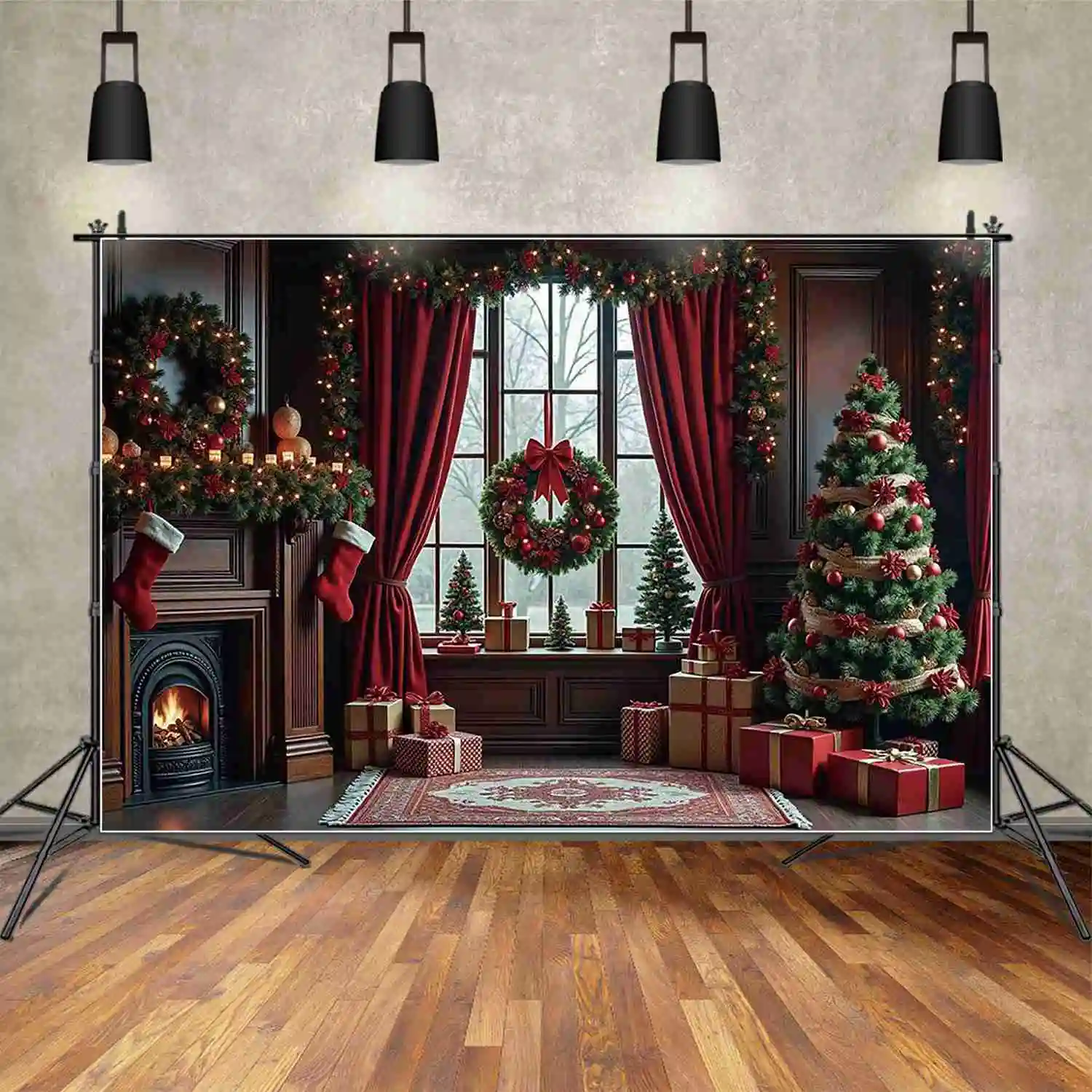 ดวงจันทร์. QG หรูหราขนาดใหญ่สีชมพูสีแดงต้นคริสต์มาสพื้นหลังสีขาวผ้าม่านบ้านพวงหรีดฉากหลังสตูดิโอถ่ายภาพอุปกรณ์เสริม