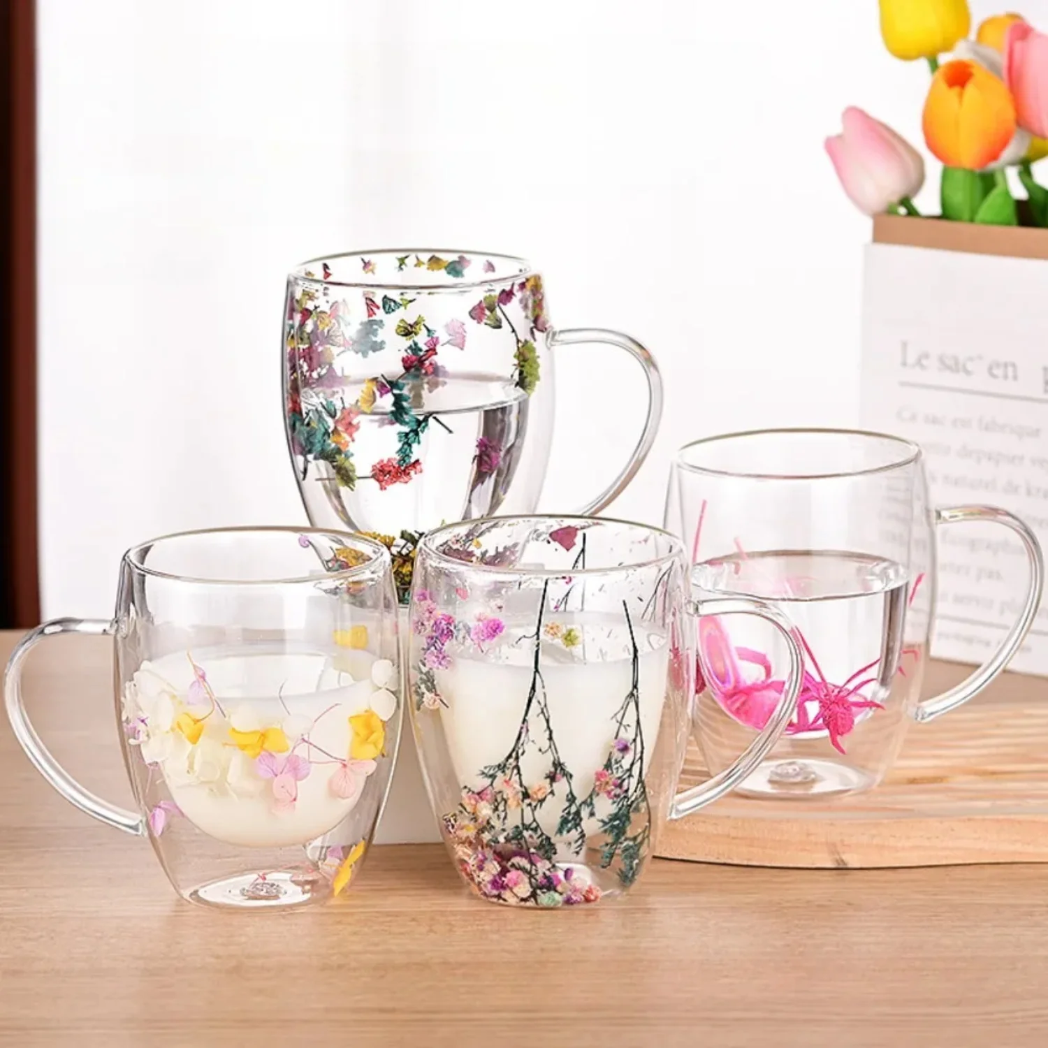 

350ml Double-Walled Glass Coffee Mug with Artificial Flowers, Faux Flowers, Fake Flowers, Heat Insulated Espresso Cups, Quicksan