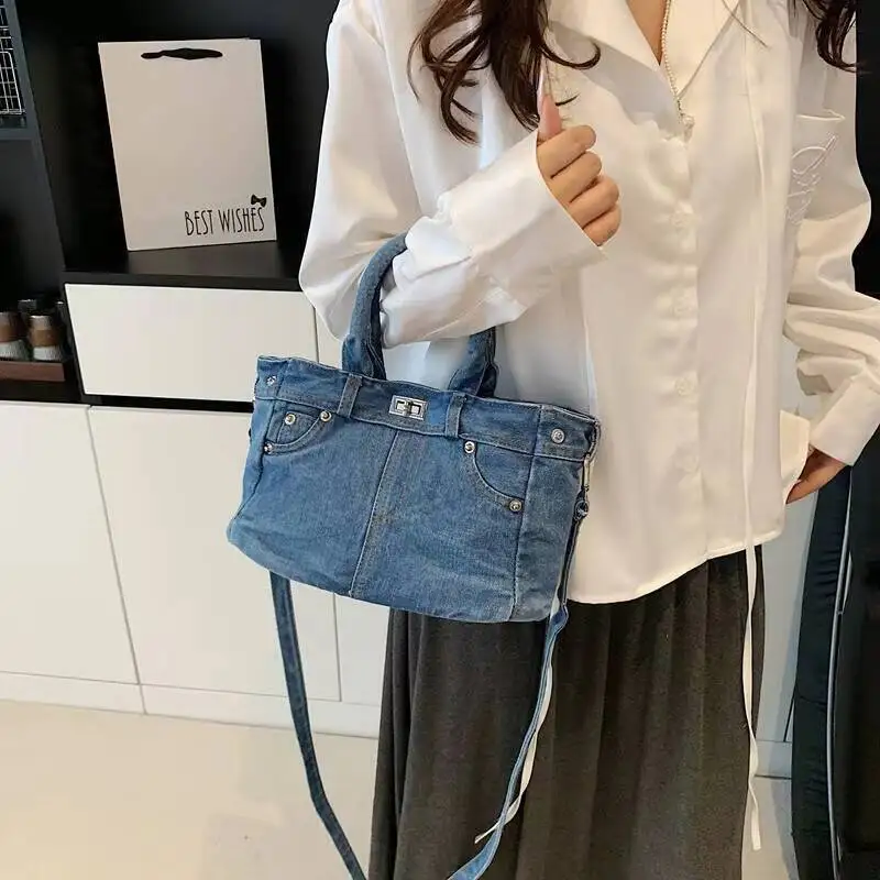

Denim Handbag with Jeans-style Pocket Rivet Detail Top Handle Detachable Shoulder Strap Multi-way Fashion Bag for Daily Casual