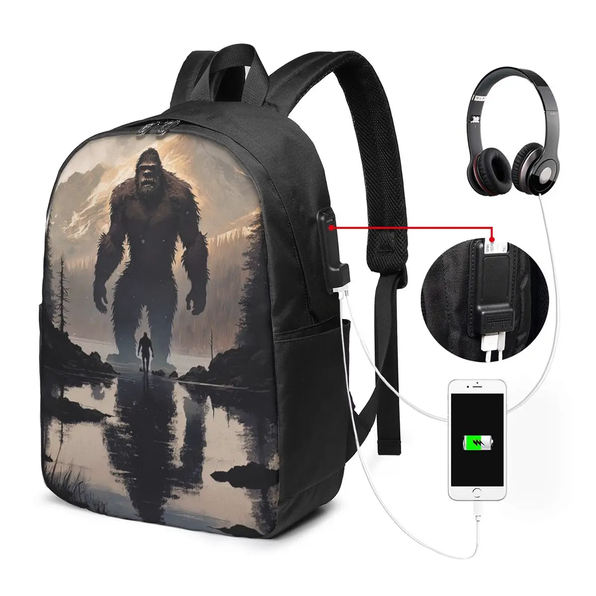 Bigfoot Sasquatch In The Middle Of A Lake Backpack Travel Notebook Bag Computer College Student School Bag Laptop Shoulder Bags
