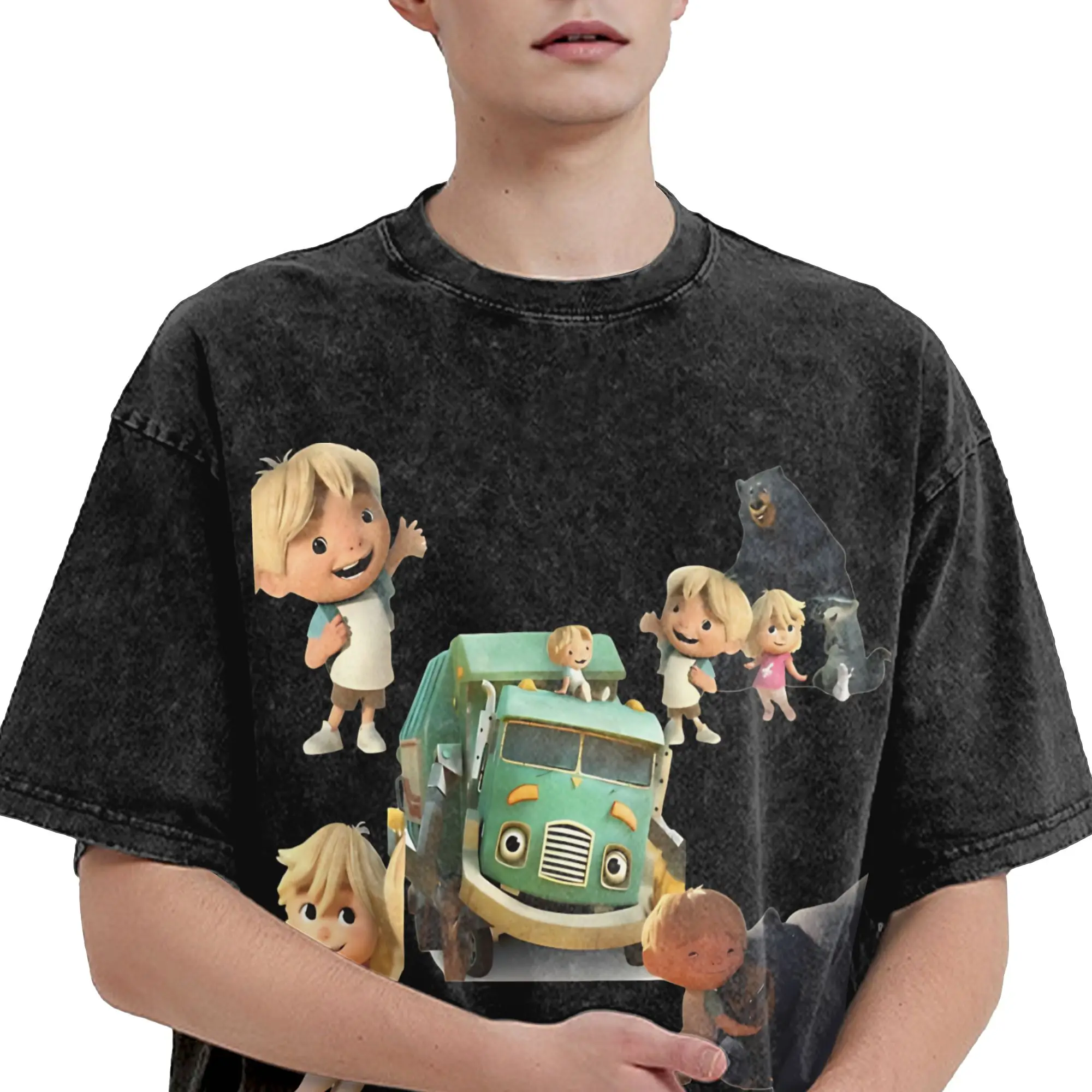 Harajuku Washed Shirts Trash Truck anime Merch Novelty T-Shirts High Street  Streetwear Short Sleeve Summer Tops Tees