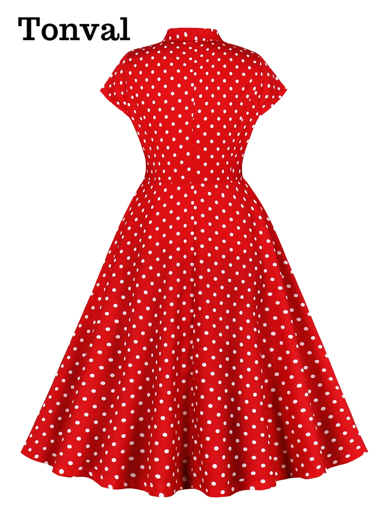 Tonval Turn-Down Collar Single Breasted Red Elegant Dress Cap Sleeve Women Summer 50s Vintage Polka Dot Dresses