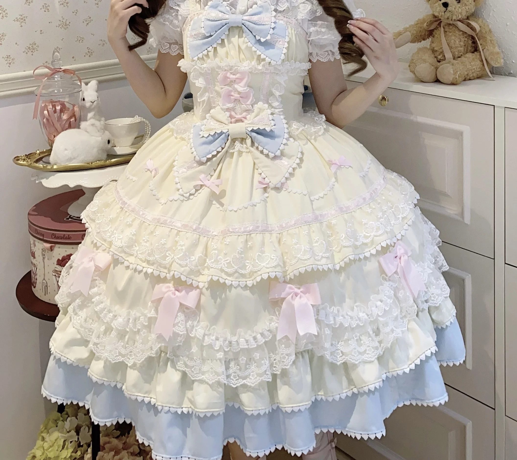 Zoete schattige snoepkleurige mintchocolade Lolita Kawaii taartjurk JSK strik kant dames plus size jarreteljurk