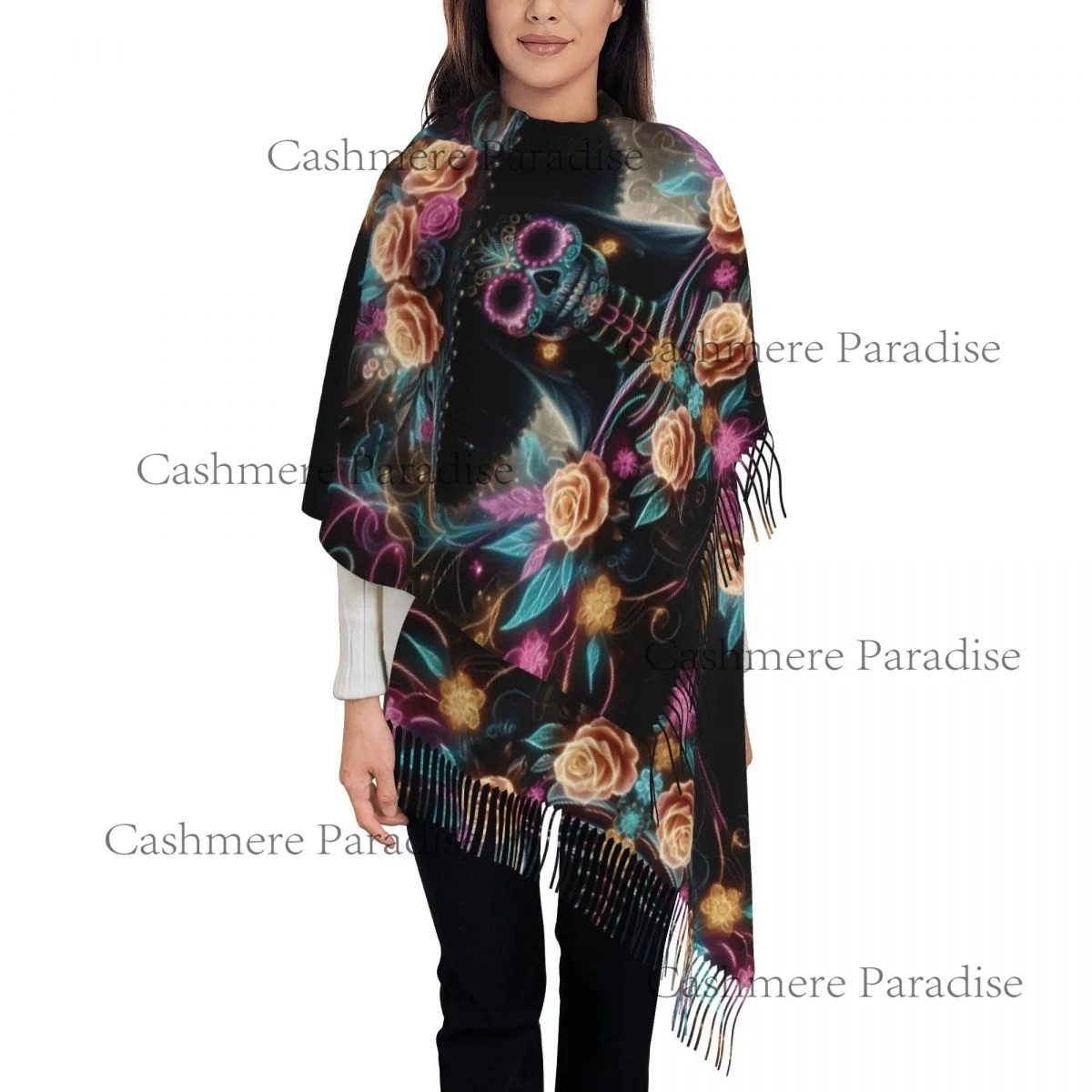 المكسيك الجمجمة امرأة خمر نمط المرأة الباشمينا شال يلتف هامش وشاح طويل كبير وشاح #1