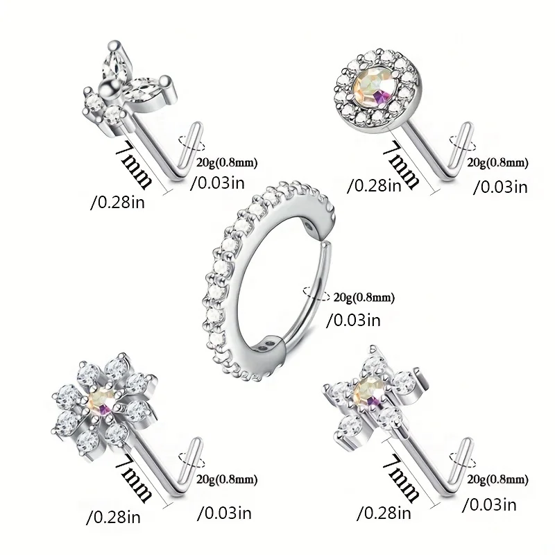 الفولاذ المقاوم للصدأ الأنف خواتم للنساء والفتيات ، مسمار الأنف ، مسامير الأنف ، فراشة ، زهرة ثقب المجوهرات ، L على شكل ترصيع ، 20 جرام ، 5 قطعة