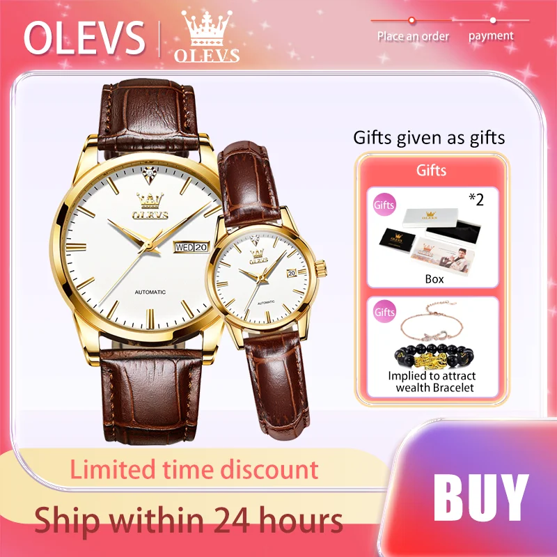 OLEVS Couple Watch Dual Calendar Waterproof Dual Calendar Fully Automatic Mechanical Watch Men and Women Watches Gift Bracelet