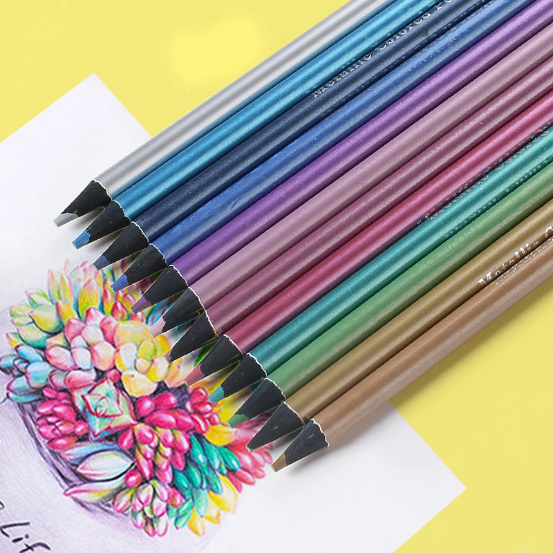 12 Colors Metallic Colored Pencil Back to School Color Pencil Set Art Supplies Stationery Items for Kids DIY Drawing Painting