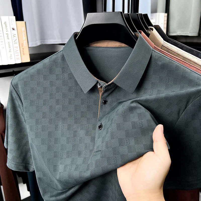 Summer New Business Casual Printed Short Sleeve T-Shirt For Men, Youth And Middle-Aged, Turn-Down Collar, Simple Men's