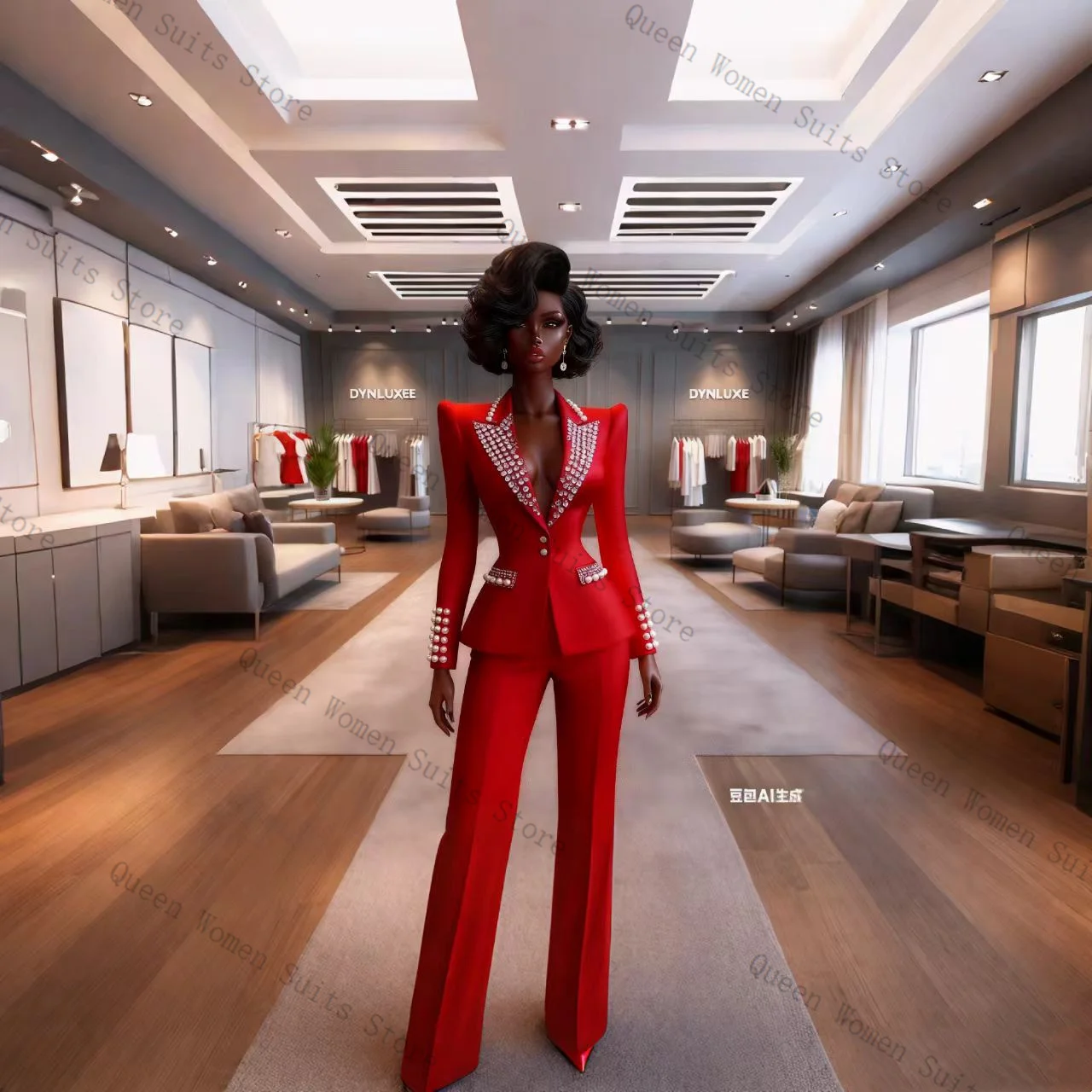 Pearls Red Women Suit Pants Set 2 Pcs Blazer+Trousers Prom Cotton Formal Office Lady Jacket Cotton Wedding Coat Customized