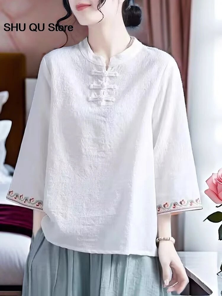 Camisa chinesa de terno Tang para mulheres, blusa vintage, tops femininos Hanfu, estilo nacional, bordado elegante tradicional, solto, plus size, 2XL