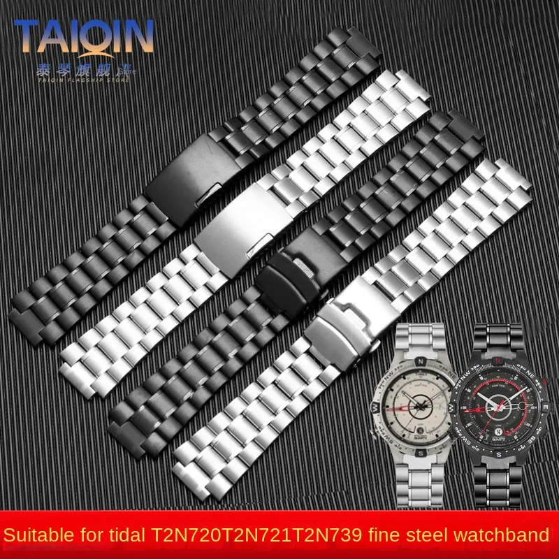 Stainless steel watchband For TIMEX T2N720 T2N721 TW2R55500 Safety buckle watch strap 24-16mm Convex men\'s silver black bracelet