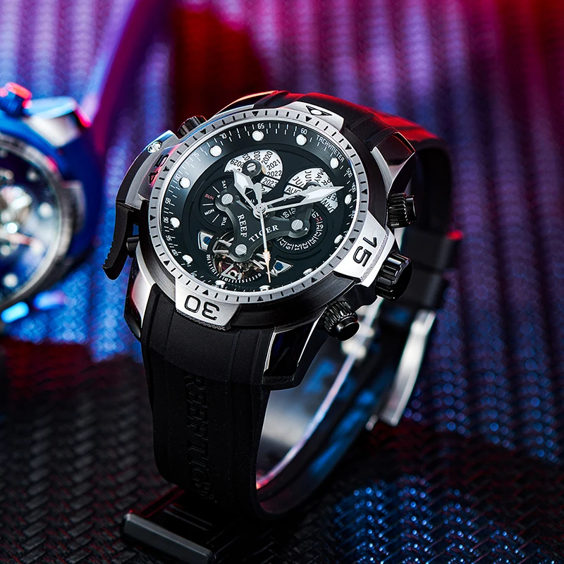 ريف تايجر/RT تريند ستايل أورورا مسدس ساعة أوتوماتيكية للرجال كاملة التقويم الغوص شريط مطاطي الميكانيكية Rejos RGA3503