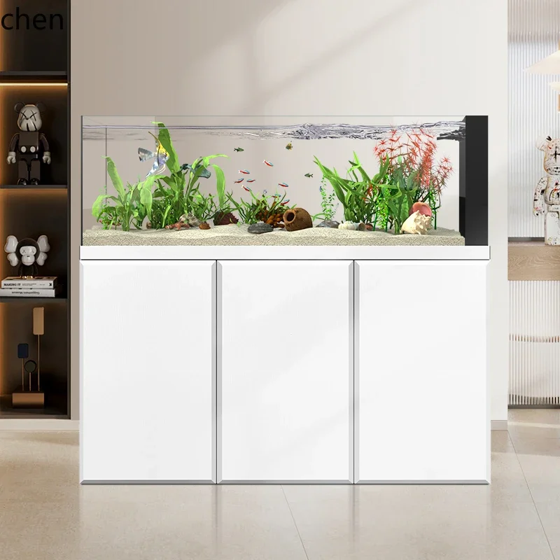 HT Native Stream Aquarium Fish Tank Living Room Household Floor Glass Ecological Aquarium Bottom Filter Ultra White