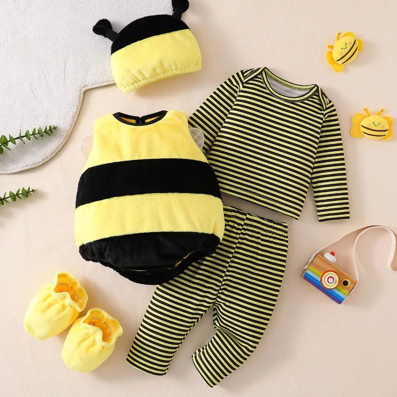 Newborn Infant Baby Boys Girls Bee Costume Romper Yellow Brown Striped Bodysuit Wings Antenna Hat Set 0 24M