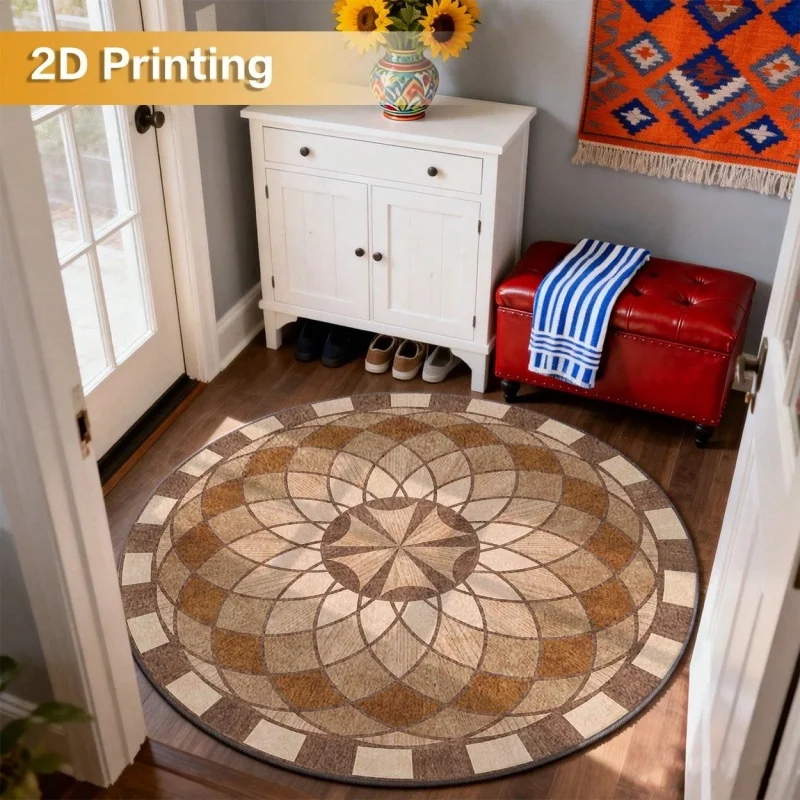 Newest 2D Round Carpet Retro Brown Abstract Geometric Round Rug Non Slip Modern Minimalist Living Room Carpet