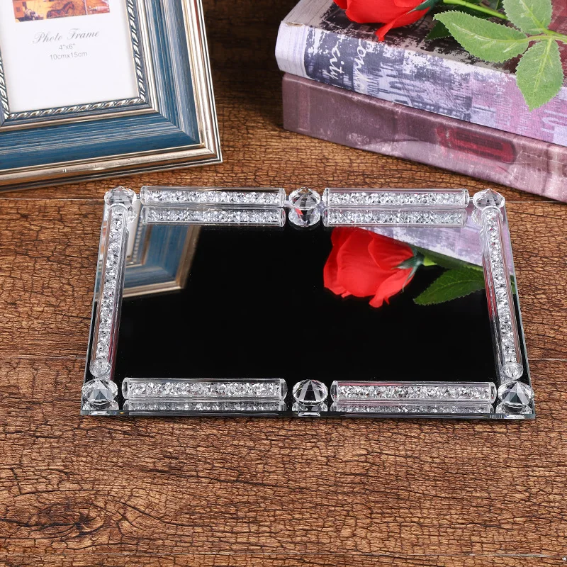 

Crystal Decorative Tray Table Makeup Organizer Glass Mirror Perfume Lipstick Storage Plate Luxury Serving Tray Home Decoration