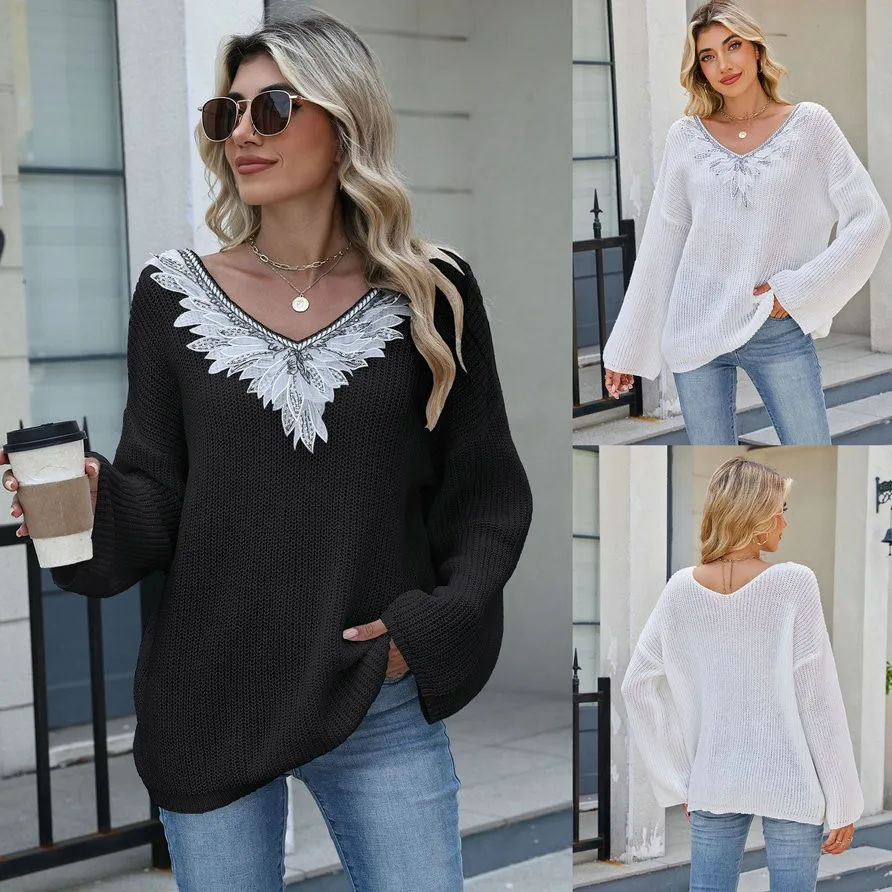 

Женский свободный повседневный свитер, трансграничный уличный трикотаж с блестками и вышивкой, кружевной воротник в стиле пэчворк, V-Ne, верхний трикотаж