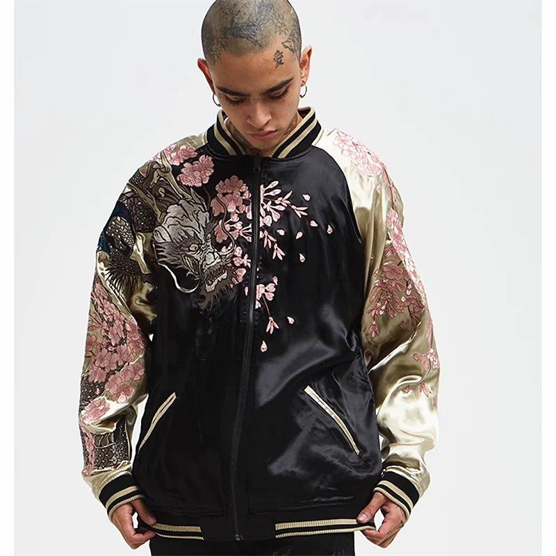 Megfordítható double-sided sukajan Ajándéktárgy kabát coats Magas utc streetwear yokosuka Csonthéjasok Cseresznye blossoms Dragón Hímzés