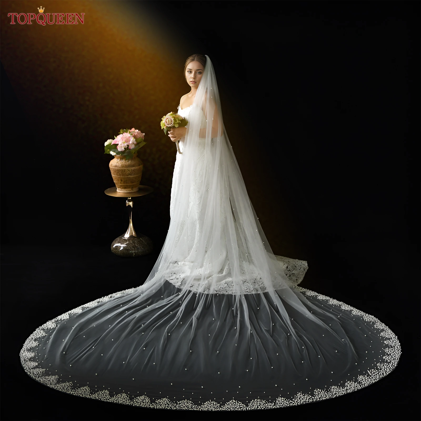 

TOPQUEEN V281 Pearl Wedding Veil Soft 1Layer Beaded Bridal Wedding Veil Cathedral With Comb Wedding Accessories Customizable