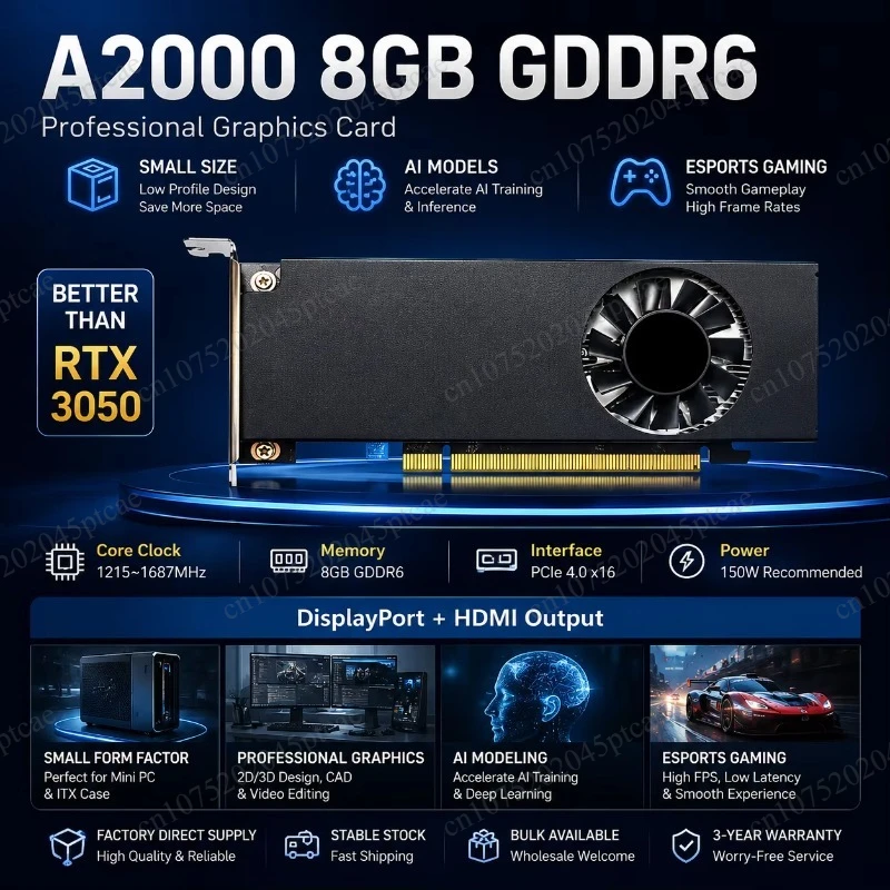 Video Editing  RTX A2000 8GB GDDR6 GPU PCIe 4.0 Low  Profile Graphics Card 4 Display 8K CAD AI Rendering