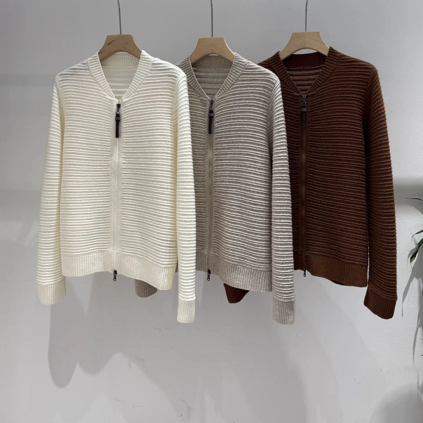 26 New Simple Fine Stripe Knitted Set, Versatile Knitted cardigan with Hanging Wide Leg Pants