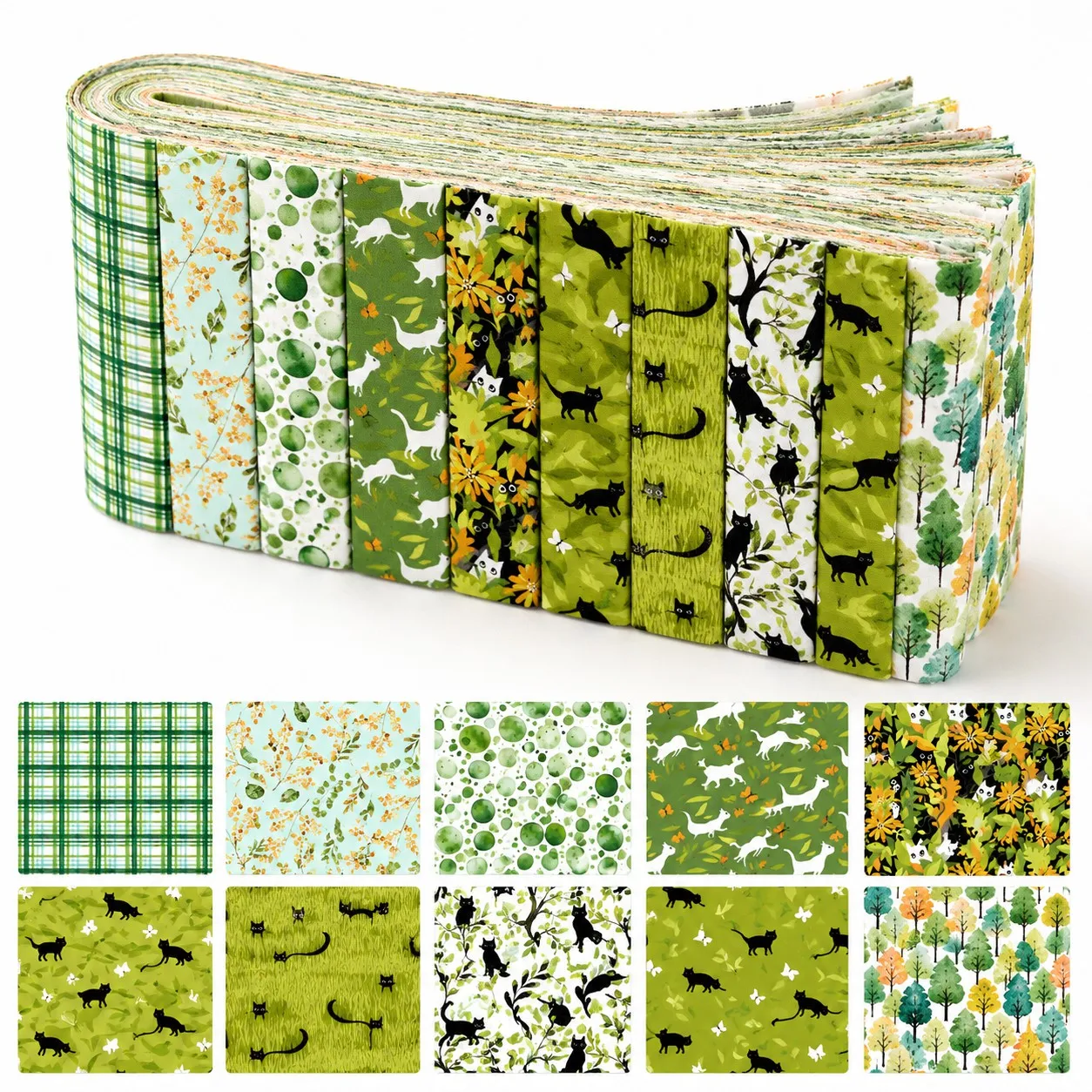 10pcs Cat Fabric Rolls Designed For Fabric Strips In a Jelly Roll Style, Each Measuring 2.5Inches Precut Quilting Squares Ideal