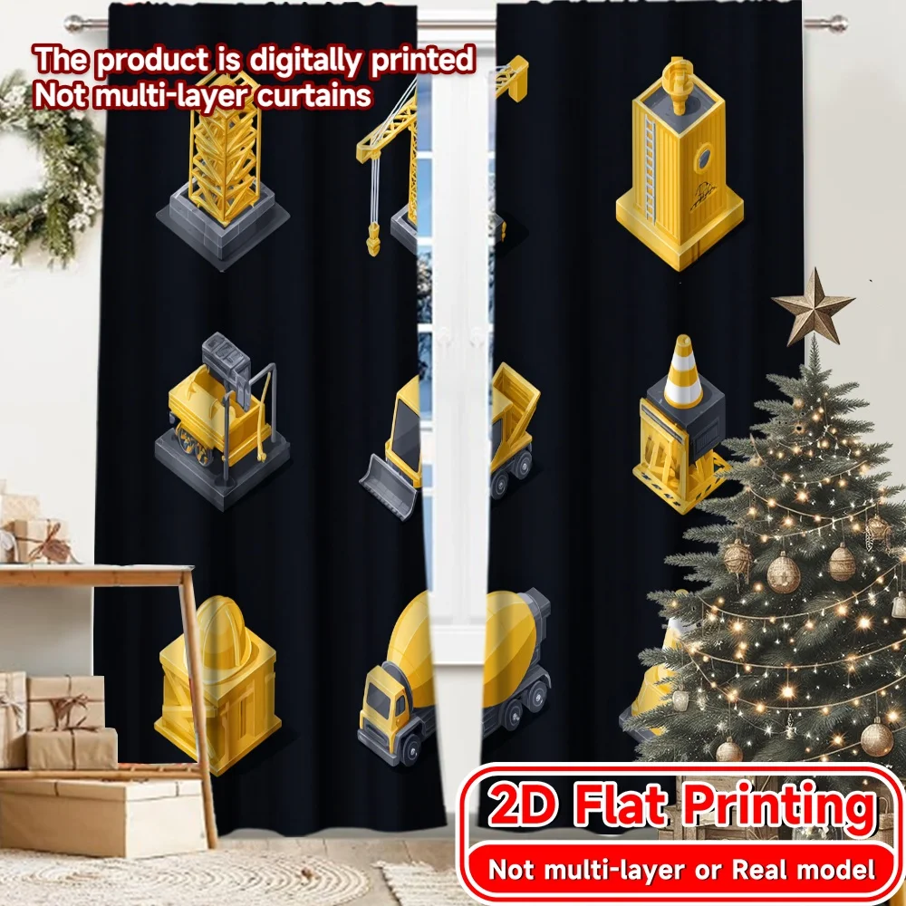 2D Flat Printing,2pcs Construction Fleet Modern Curtains 100% Polyester Curtains Art Deco Festive Use for Living Room, Bedroom,