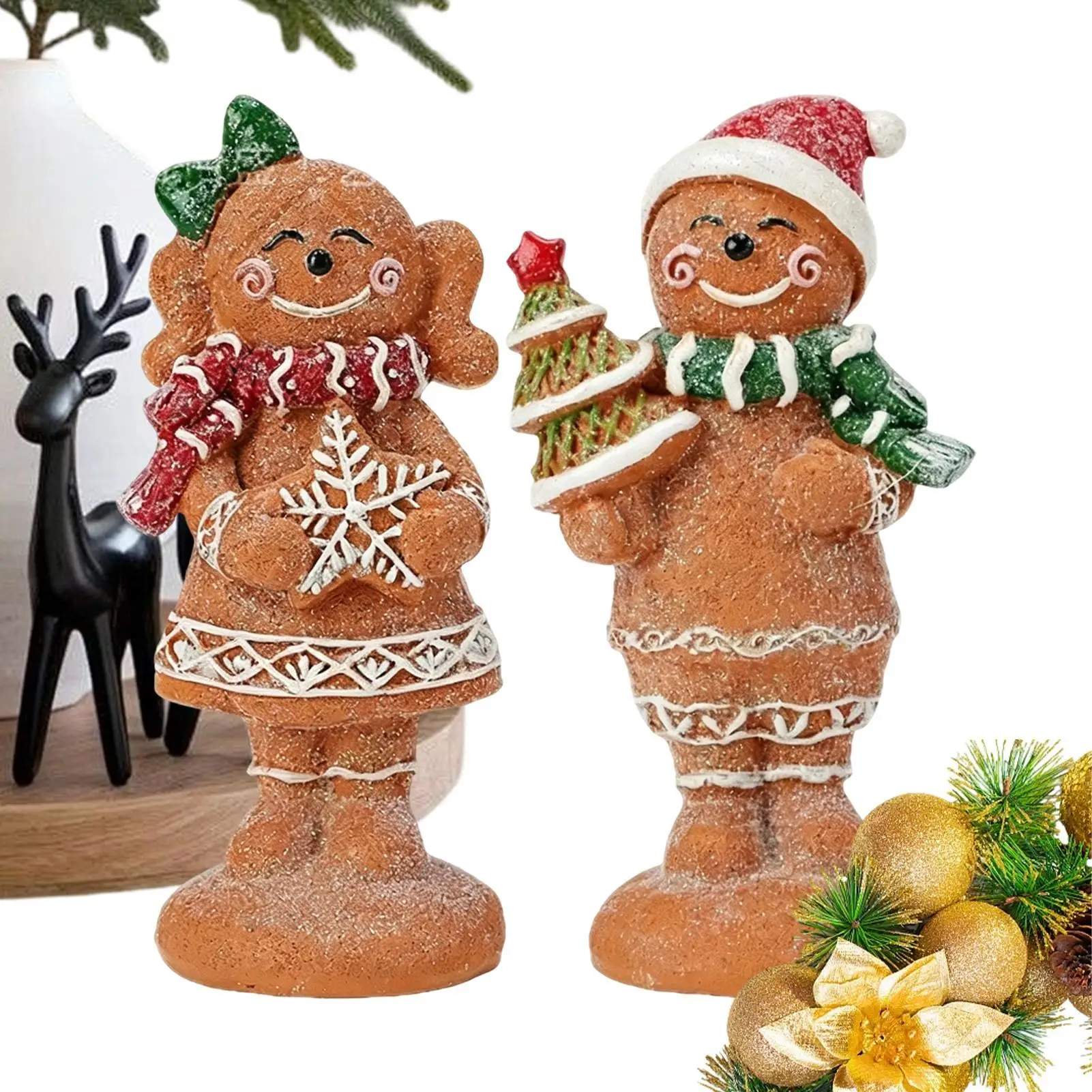 2 Pieces Gingerbread Man Ornament Christmas Desktop Statues Small Holiday Sculpture Craft Home Decoration For Home Apartment