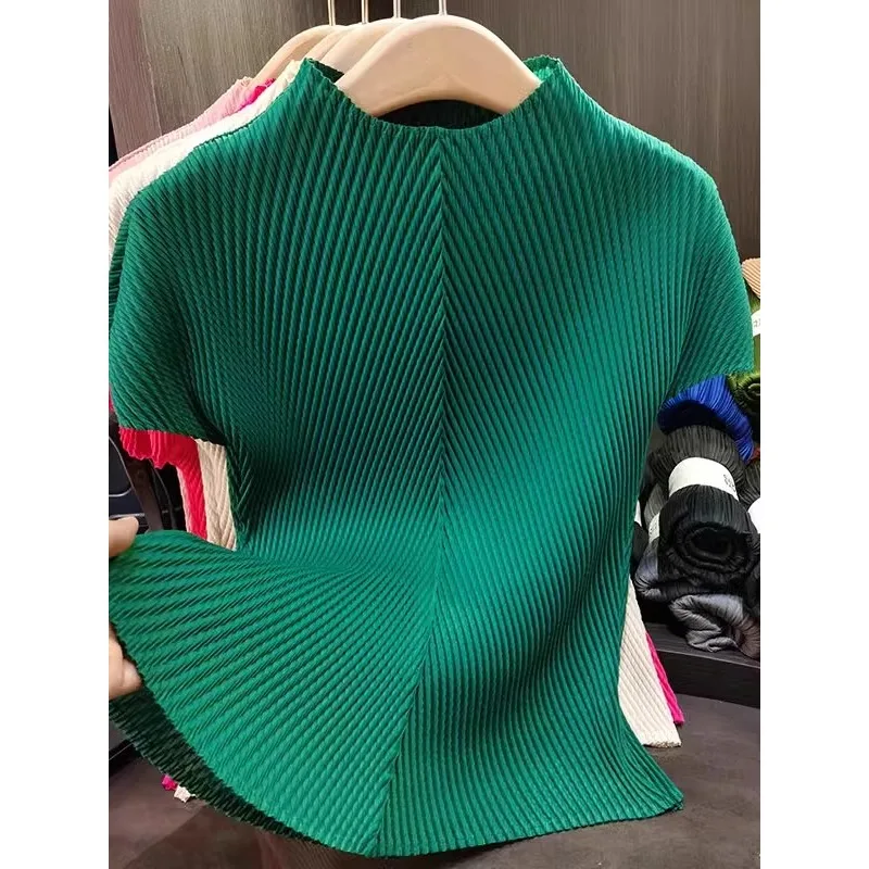 

Плиссированный топ Miyake с воротником-стойкой и чешуей дракона, высококачественная и универсальная утягивающая футболка с короткими рукавами, женский летний новый стиль